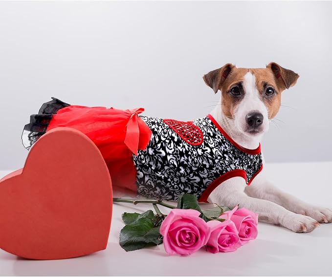 Dog Costume Dress S, Black Floral Top with Red Tulle Skirt and Bow, Glitter Heart Pet Outfit for 6-7 lbs Dogs and Cats, Holiday Party Clothing