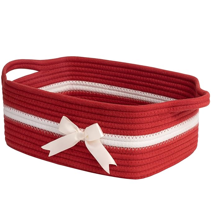 CHICVITA Small Woven Rope Gift Basket, Decorative Burr Basket, Red | 13" x 10" x 5" Storage Baskets for Toys & Baby Essentials, Fits Nursery & Bedroom Organization, Built-In Handles, Bow Design