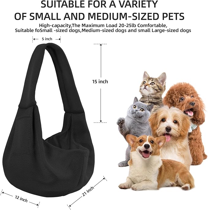Dog and Cats Carrier Sling, Breathable Puppy Small Pet Carrier with Pocke | Reversible Dog Sling Carrier, Safety Buckle, Storage Pocket, Machine Washable for Travel, Outdoor Activities, Hand-Free,Black