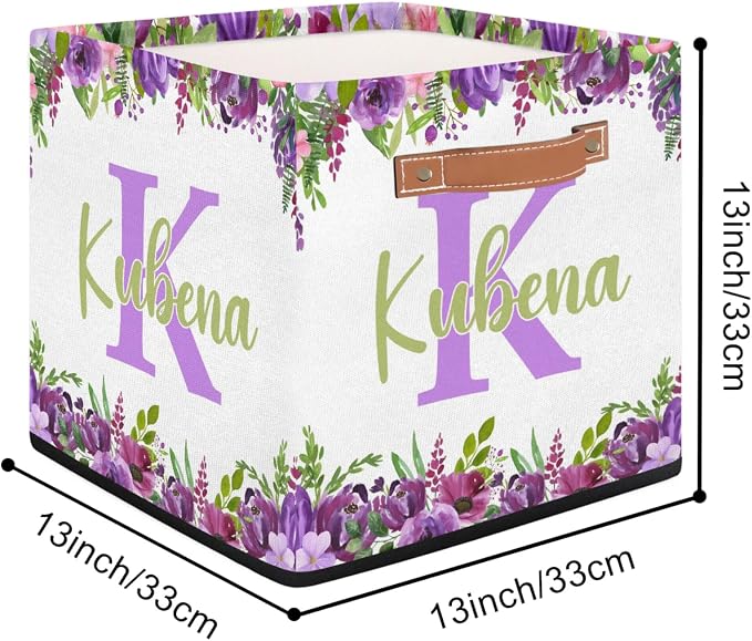 Personalized Name-Initial Purple Flower Storage Baskets for Girls Women, Custom Portable Square Storage Bins with Handles Foldable Organizer for Clothes, Toys, Blanket, Towel,Pet 13”