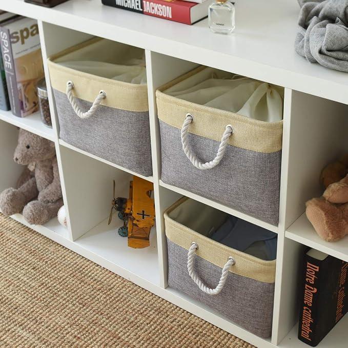Storage Bins Baskets for Organizing - Extra Jumbo 3 Pack 20.5Lx15.7Wx13.8H Sturdy Fabric Storage Basket for Shelves, Decorative Foldable Closet Nursery Toy (Gold&Grey)