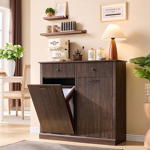 IFGET Double Tilt-Out Trash Cabinet, Fluted Laundry Hamper Cabinet, Brown