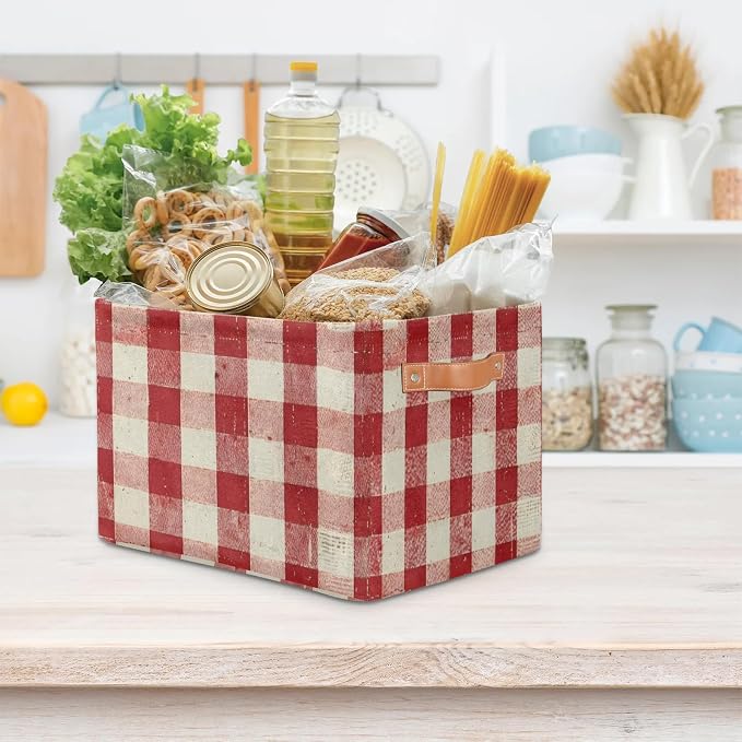 Storage Basket Classic Checkered Storage Cube Box Durable Canvas Collapsible Toy Organizer Bin with Handles for Shelf Closet Bedroom Home Office
