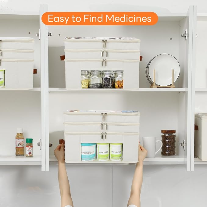 Medicine Organizer for Cabinet, 3-Tier, Beige | Foldable Storage Box, Fabic Medicine Organizer, Clear PVC Cover, Leather Handle, Empty First Aid Kit for Home and Travel