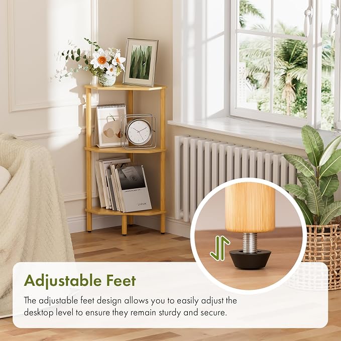 3 Tier Bamboo Corner Shelf, Storage Stand with Adjustable Feet, Small Spaces Corner Bookshelf, Plant Stand, Space-Saving Organizer Shelves, Small Corner Table for Bathroom Kitchen Living Room