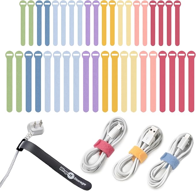 Self-Gripping Cable Ties by Wrap-It Storage - Assorted 40-Pack Macaron | Reusable Hook and Loop Cord Wraps for Home Office Desk Organization