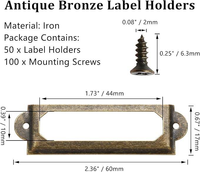50 PCS Metal Label Holders 60x17mm Antique Bronze with Screws | Iron Bronze-Plated Rust-Proof, 60x17mm Fits 44x10mm Label, Screws Included, For Cabinet Drawer File Box