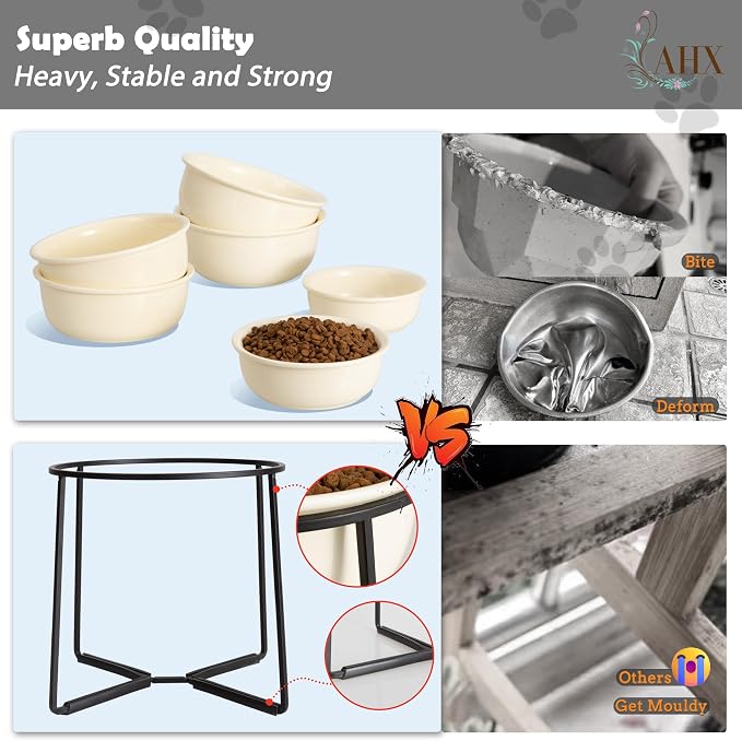 Ceramic Elevated Dog Food Bowl - Heavyweight Feeding Bowl with Metal Stand - Raised Pet Dish for Medium and Larges Dogs - 5.8 Cups - 47.3 oz - Beige