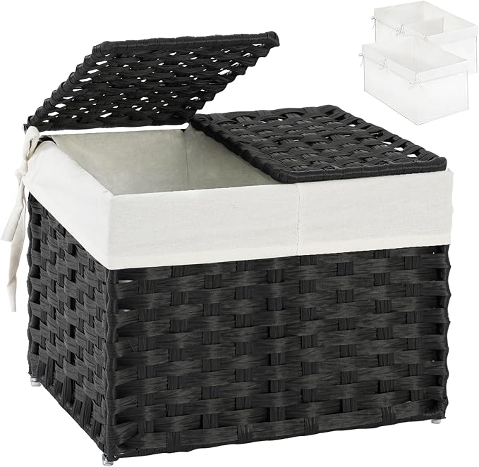 SETVSON Storage Basket with Lid, 2-Lid PE Rattan Storage Bin, Black | 9.2 Gal Decorative PE Rattan Furniture Look for Bedroom, 2 Separate Lids, 2 Liners with Divider for Apparel & Essentials