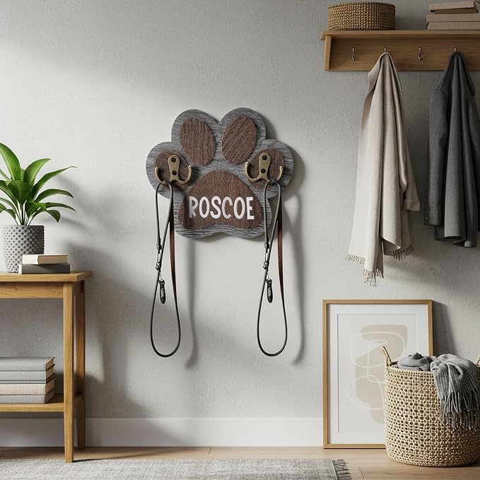 Kathfly Wooden Dog Leash Holder for Wall Paw-Shaped Pet Harness Hanger 52 Letters Leash Hook Hangers Cat Collar Organizer Keychain Towels for Entryway Pet Loss Gifts Keepsake Home Decor (Double Hook)