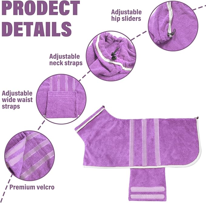 Dog Robe - Fast Drying Towel - Microfiber Super Absorbent Pet Bathrobe, Adjustable Collar & Belly Strap (Purple, XX-Large)