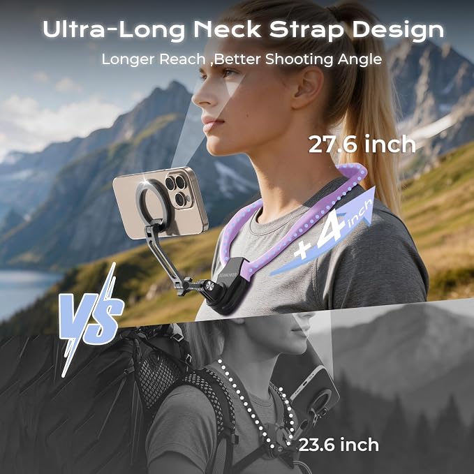 【2026 Extended Long】 Magnetic Neck Mount for Phones,Neck Phone Holder | 27.6"Hands Free Pov Phone Holder Chest Mount for iPhone17–12 & Android,Go Pro DJI,Camera Shoulder Supports