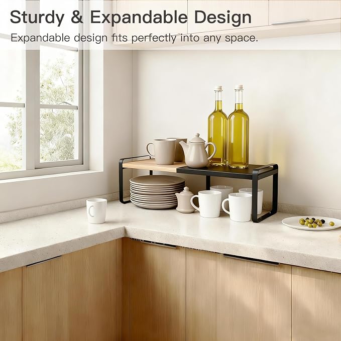 Expandable Bamboo Dish Riser Shelf Riser Stackable Black | Expandable bamboo riser creates cabinet space, while anti-slip legs provide stable support for dishes without wire racks