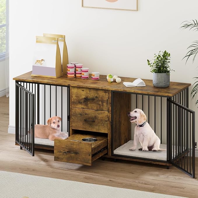 YITAHOME 74" Double Dog Crate Furniture with 2 Feeder Bowls & Room Divider | Wooden Dog Kennel TV Stand for 2 Large Medium Small Dogs, Rustic Brown