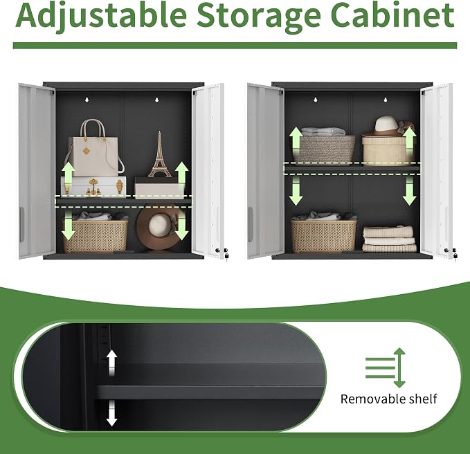 Garage Wall Cabinet Metal Storage Cabinet with Lockable 2 Doors | Wall Mounted Heavy Duty Steel Tool Cabinet Hanging Cabinet for Garage Warehouse Bathroom Kitchen,Assembly Required