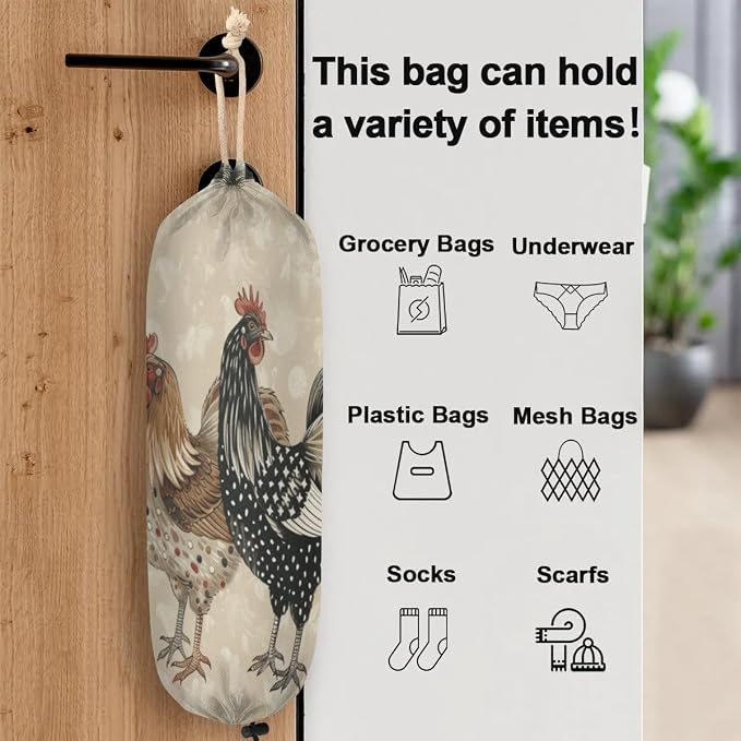 Vintage Chicken Plastic Bag Holder Leaves Rustic Farm Rooster Grocery Bag Storage Dispenser Washable Hanging Shopping Bags Carrier Reusable Wall Mount Trash Bag Organizer for Kitchen Pantry