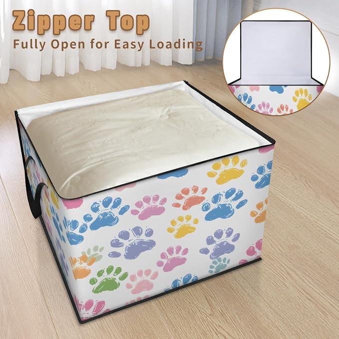 Colorful Dog Paw Large Storage Bags, Fabric Bed Storage Containers, Foldable Closet Organizers for Blanket, Clothing, Comforter, Bedding, Paw Print