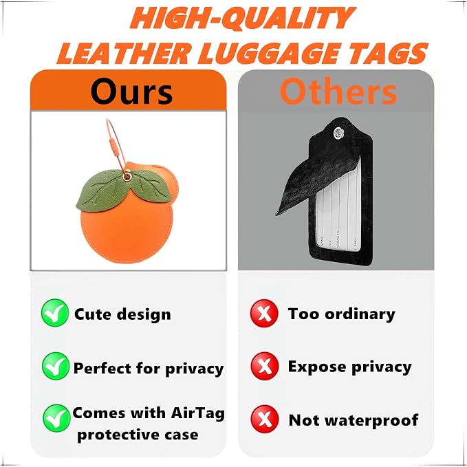 PU Leather Luggage Tag with Airtag Holder Case Set and Name ID Label | Hidden Compartment for AirTag Travel Suitcase Tracking Case with Stainless Steel Loop,Cute Fruit Plant Styles,Persimmon