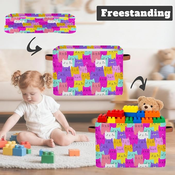 Pardick Storage Baskets Bin, Colorful Animals Cat Cute Collapsible Canvas Fabric Storage Bin Decorative Baskets Toy Organizer Rectangle Storage Boxes with handles for Home Shelves Nursery,Q-9