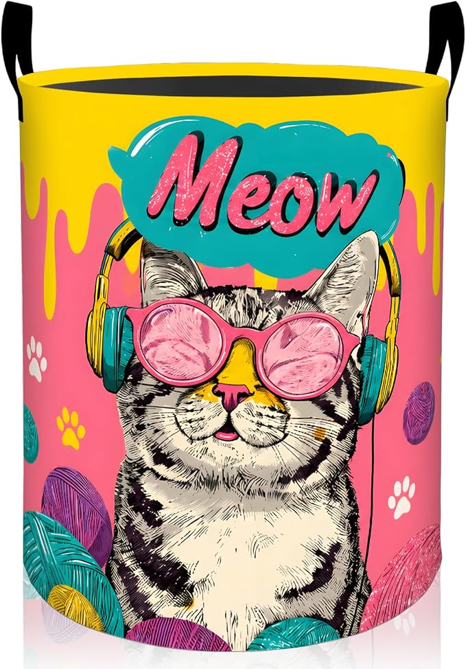 Cool Cat Laundry Basket, Colorful Pop Art Oxford Cloth Dirty Clothes Collapsible Hamper for Room Decor, Pet Lovers Gifts, Toy Organizer 19.7 x 15.7 Inches for Bedroom Bathroom Dorm