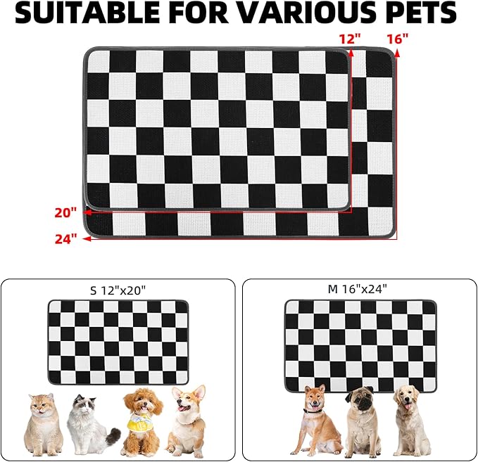 PUPTECK Dog Food Mat, Absorbent Pet Cat Feeding Mat for Food and Water Bowls, Anti-Slip Dog Placemat for Floors Waterproof, Pet Supplies Accessories, Black & White Checkered S
