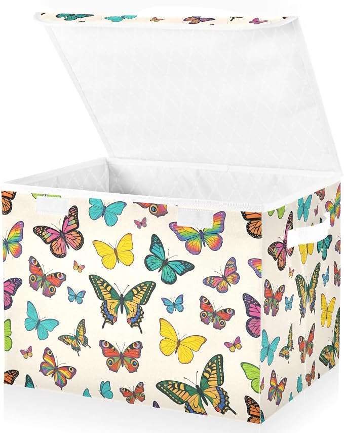 Storage Bins with Lid Colorful Butterfly Foldable Storage Boxes 40L Baskets | Decorative Storage Boxes, 300D Oxford Cloth, Hollow Board Frame, Flip Top Velcro Lid, 16.5x12.6x11.8 inch, Collapsible Design