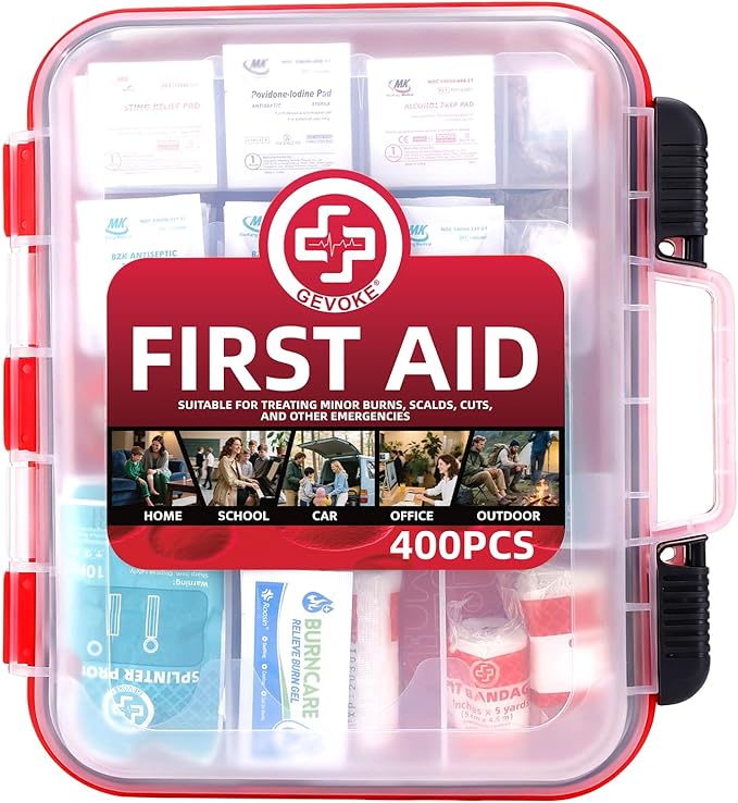 400 Piece First Aid Kit, Organized Dual-Layer Wall-Mountable Hard Case | Sturdy Case, Complete Medical Kit for Home, Car, Camping, Travel, Hiking, Truck, Office, Sports & Outdoor Emergencies