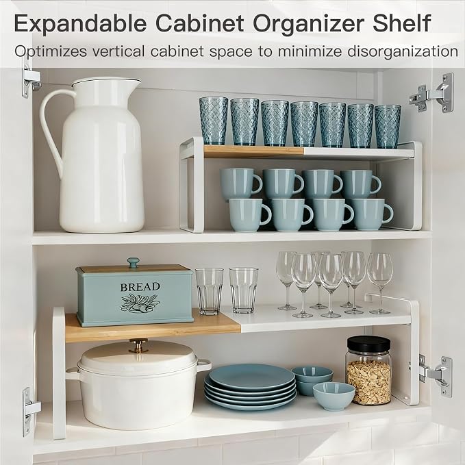 Bamboo Cabinet Organizer Shelf, Expandable Cupboard Storage White | Maximize your kitchen counter shelf space with this 13-21.5 inch expandable, stackable bamboo spice rack