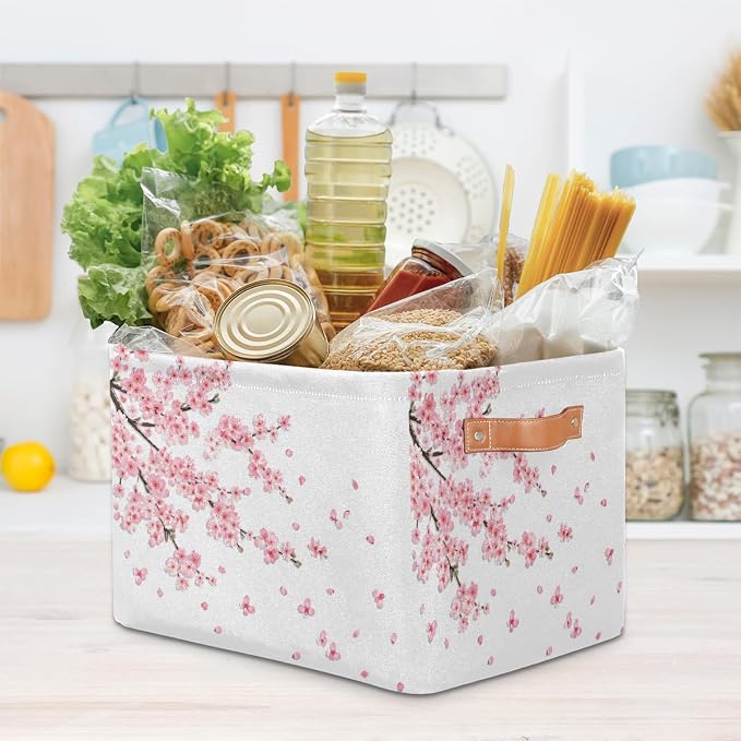 Basket Storage Bins Japanese Cherry Blossoms Rectangle Cube Basket Box Kids Girls Boys Toys Organizer Beaket Decor Foldable with Handle for Living Room Bedroom Closet Nursery Office Shelf Gifts