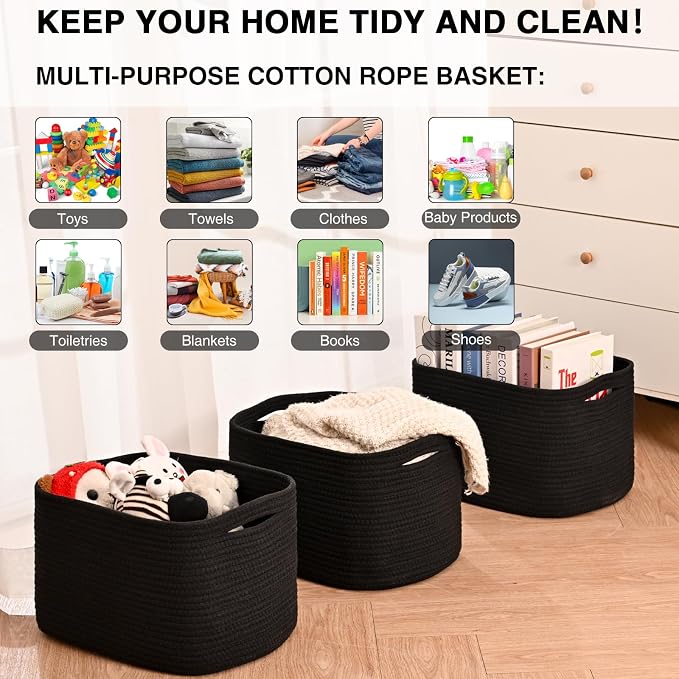 Storage Baskets for Organizing Shelves, Woven Cotton Rope Bins for Organization, Dog Toy Organizer for Shelf Living Room Bedroom, 14.8"×11"×9.5", Pack of 3, Black