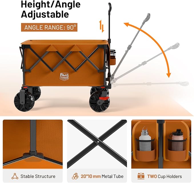 TIMBER RIDGE Outdoor Collapsible Folding Wagon with Brakes and Cup Holders, 500lbs Heavy Duty All Terrain Wheels Utility Cart for Shopping Camping Garden Sports, Orange