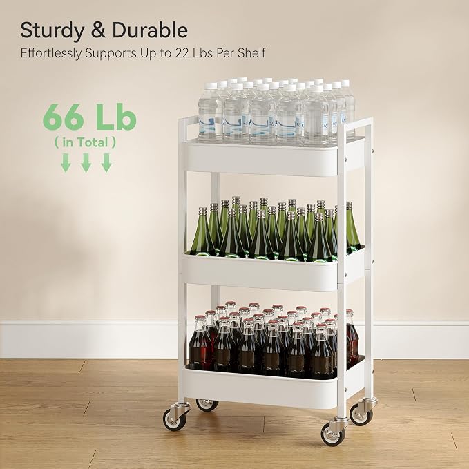 Nunsino 3 Tier Rolling Cart,Utility Cart with Locking Wheels, Hanging Cups,&Hooks, Heavy Duty Metal Storage Organizer Cart for Kitchen,Office, Bathroom,Craft Room,White