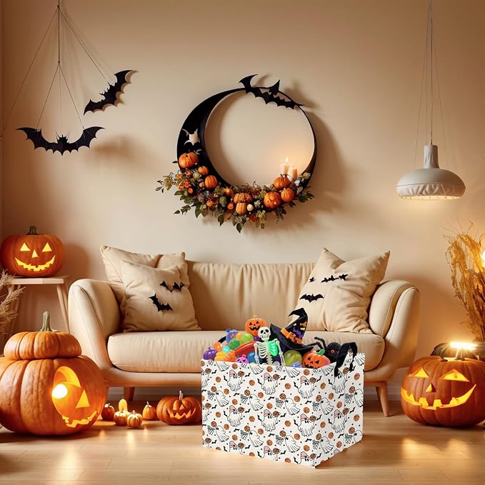 Large Halloween Basket Gift Cute Ghost Parties Decor Kid Trick or Treat Basket for Boys and Girls Rectangular Storage Bin Box (Ghost Basketball)