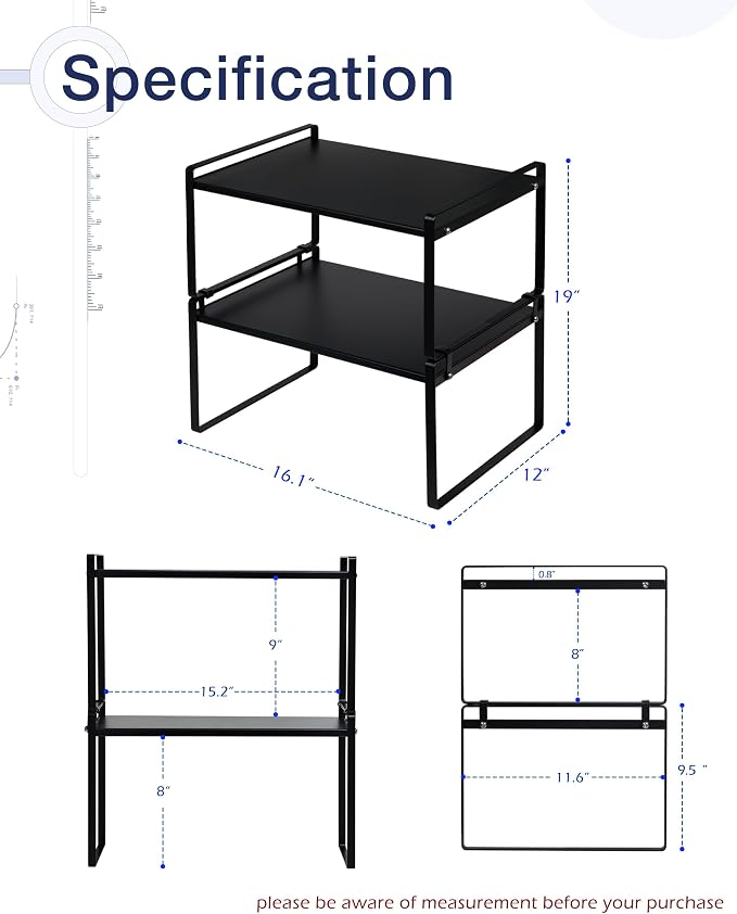 Nxconsu Stackable Cabinet Shelf Organizer 2 Pack, Wide Tall Black | Heavy-Duty 3mm Steel Stackable 2-Tier Shelf, Holds 50 lb, for Kitchen Cabinet Pantry Cupboard Counter Bathroom Under Sink