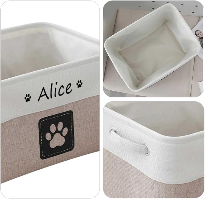 Custom Name Pet Dog Toys Basket/Bin, Paw Custom Personalized Logo Cat Clothes Box Accessories Organize Storage Bin, 4 Patterns Round Paw, Classic Paw, Heart or Name Only (Khaki)