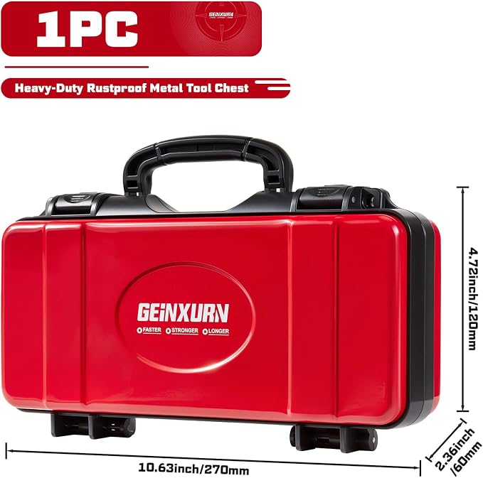 Geinxurn 11”Red Tools Box, Portable Steel Heavy-duty Tool Case with Safety Latch and Handle for Tools Storage and Organizers, Home DIY