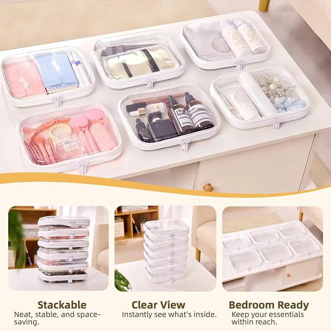 6-Pack Medium Clear Hard Shell Zipper Pouches, Clear Zipper Bags, Hard Case Pouches for Purse & Diaper Bag Organizer, and Travel Essentials (6M)