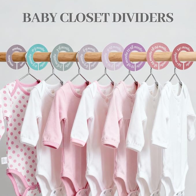 8 Pcs Baby Closet Dividers, Double-Sided Clothes Organizer for NB-24 Months | Sturdy closet separators fit most standard closet rods. Visible size tags simplify sorting and locating baby outfits quickly