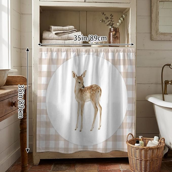 Resting Fawn Cabinet Dishwasher Hidden Curtains, Privacy Closet Door Curtain, Natural Animals Farmhouse Modern Plaid Adhesive Dust Proof Under Sink Skirt for Bathroom Kitchen 35"x35"
