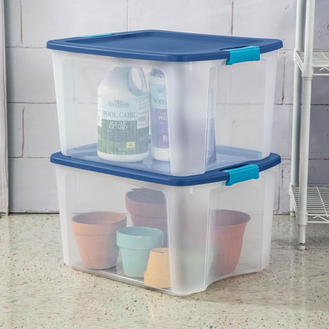 Sterilite 18 Gal Latch and Carry, Stackable Storage Bin with Latching Lid, Plastic Container to Organize Closets, Clear with Blue, 18-Pack