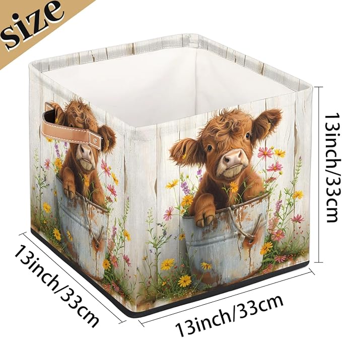 Farm Cute Cattle Cow Cube Storage Bin, 13 Inch Collapsible Fabric Storage Cubes Bin, Foldable Cube Baskets for Shelf, Closet, Organizer
