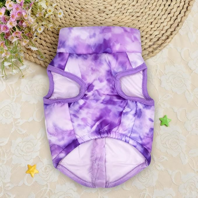 Idepet Pet Dog Cat Coat with Leash Anchor Color Patchwork Padded Puppy Vest Jacket Teddy Chihuahua Costumes Pug Cloth XS S M L(Medium,Purple Tie-dye)