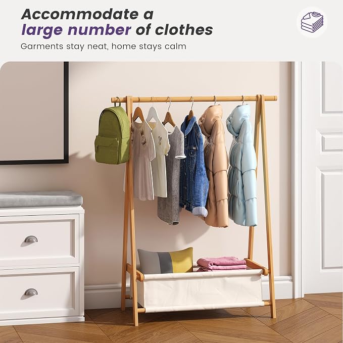 Clothing Rack, Coat Rack Freestanding for Hanging Clothes, Dress up Rack with Storage Basket,Closet Organizer for Hanging Clothes (Short)