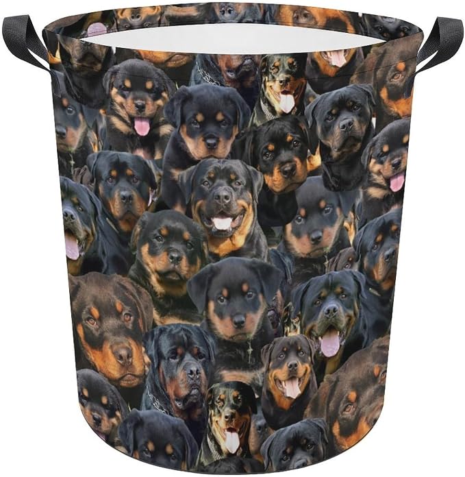 Rottweiler Print Laundry Basket, Funny Rottweiler Dog Face Laundry Hamper, Foldable Waterproof Oxford Cloth Tote Bag Dirty Clothes Storage Bucket Organizer for Bathroom Bedroom