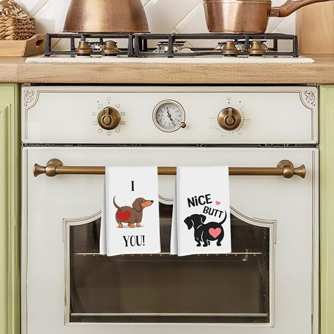 2 Pcs Dachshund Kitchen Towels 24x14 Inch, Dachshund Gifts Reusable Dish Towels for Kitchen Bathroom Decor, Waffle Weave I Love You Hand Cloth Tea Towel, Cute Dog Valentine's Gifts for Girlfriend Wife