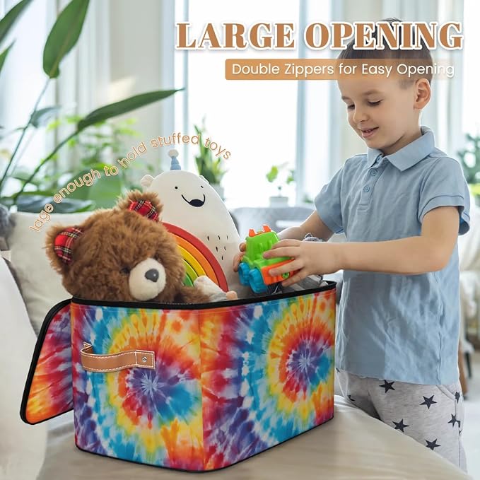 Pardick Storage Bin Rainbow Tie Dye Storage Baskets with Zipper Lid & Handle Foldable Closet Shelf Cloth Organizer Basket Cube Bins Clothes Organizer for Nursery, Bedroom