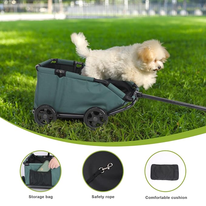 Mini Dog Stroller, Foldable Pet Stroller for Small Dogs & Cats with Safety Rope, Storage Basket & Built-in Cushion - Extendable Handle, Lightweight Carrier for Travel, Walking, Vet Visits (Green)