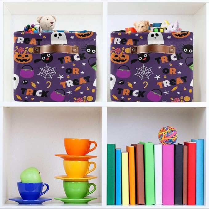 Happy Halloween Purple Storage Basket Fabric Kitchen Baskets Pumpkin Skull Ghost Bat Trick or Treat Open Home Storage Bins Boxes Foldable for Candy Toy Decorations Baskets 2 Pack 16×12×8 Inches
