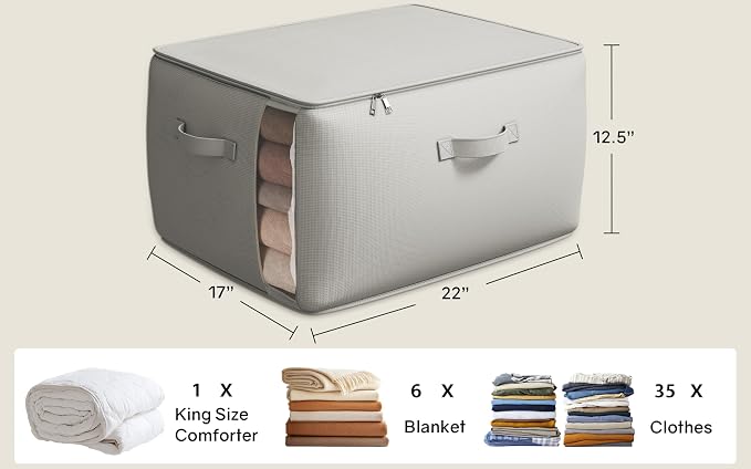 6 Pack Canvas Comforter Storage Bags for Clothes & King Comforters, Grey | 70L Capacity, Dual Zippers, Three Reinforced Handles, Foldable Canvas Design for Comforters, Blankets and Seasonal Clothing
