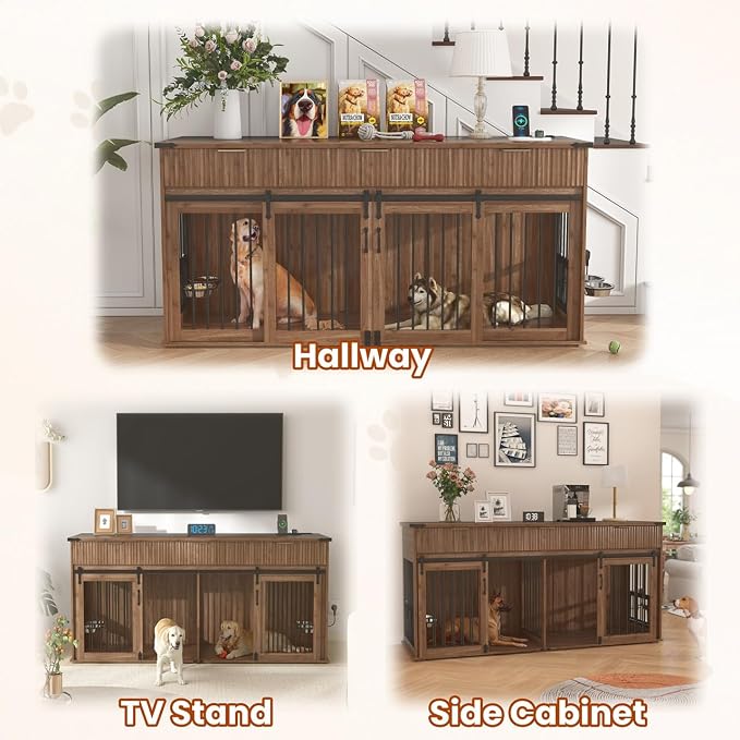 71'' Double Dog Crate Furniture with Storage Drawer, Large Dog Kennel Indoor with Charging Station, TV Stand, Entryway Table, Pet Crate for Large Dogs (Dark Brown)